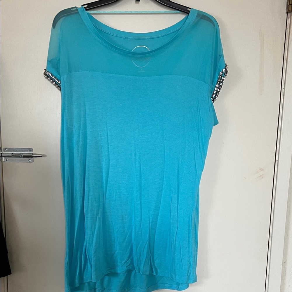 INC International Concepts Teal Blouse with Embellished Sleeves
